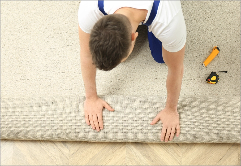 Man roll out carpet for installation | Floors In Motion